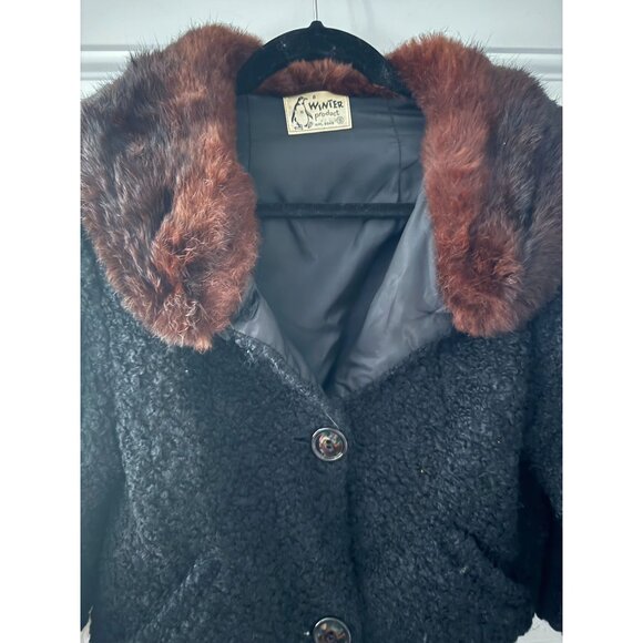 Jacket Black Curly Lamb Brown Fur Collar & Button Closure Small 1950 - Picture 3 of 14